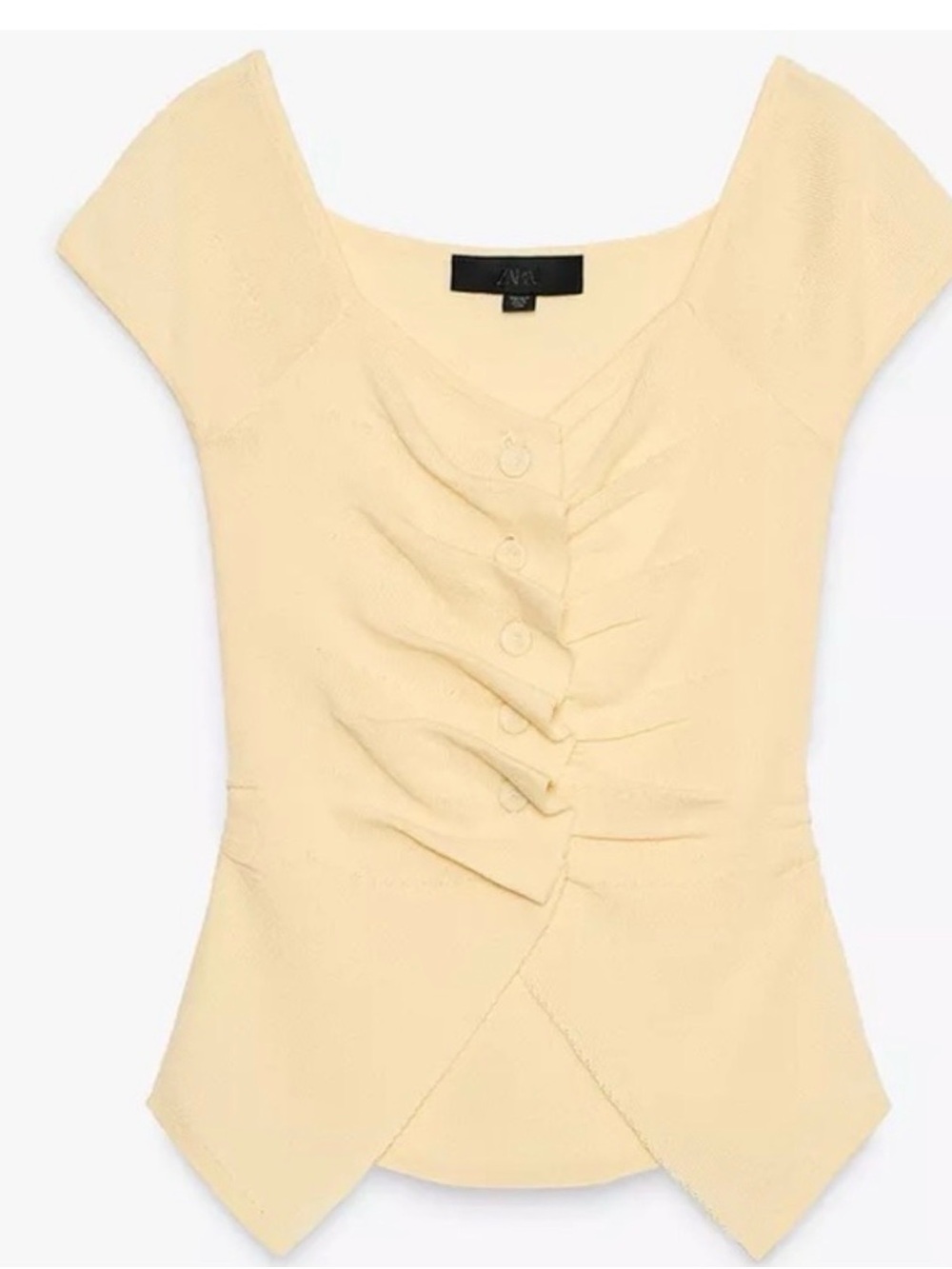 Zara Light Yellow Ruched Button-Front Cap Sleeve Top